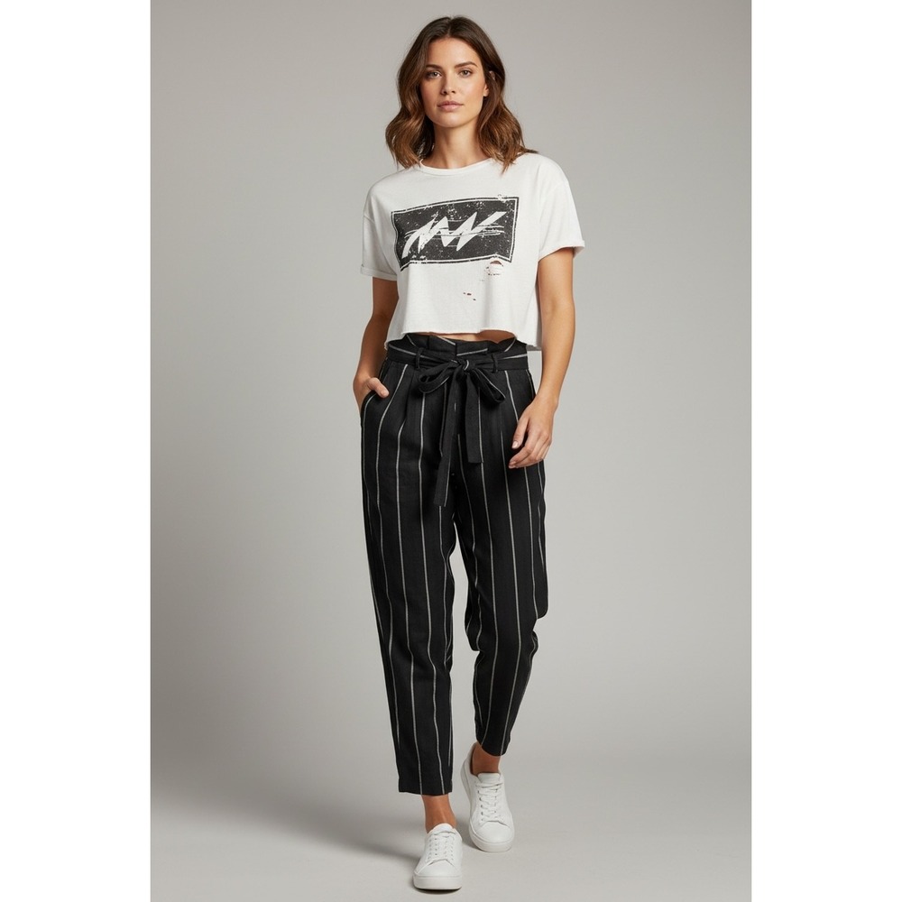 Who What Wear Striped High Waisted Tie Waist Trousers Linen Cotton Black 4